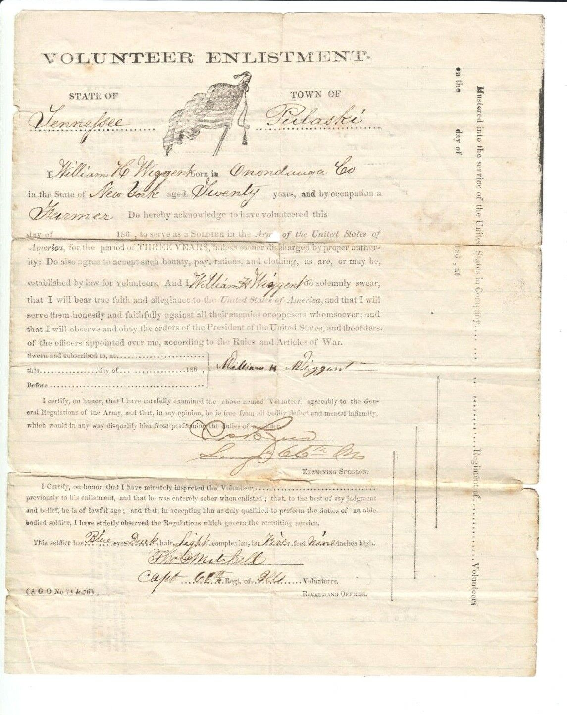 Volunteer Enlistment Form Tennessee 186?  Town Of Pulaski  /m6