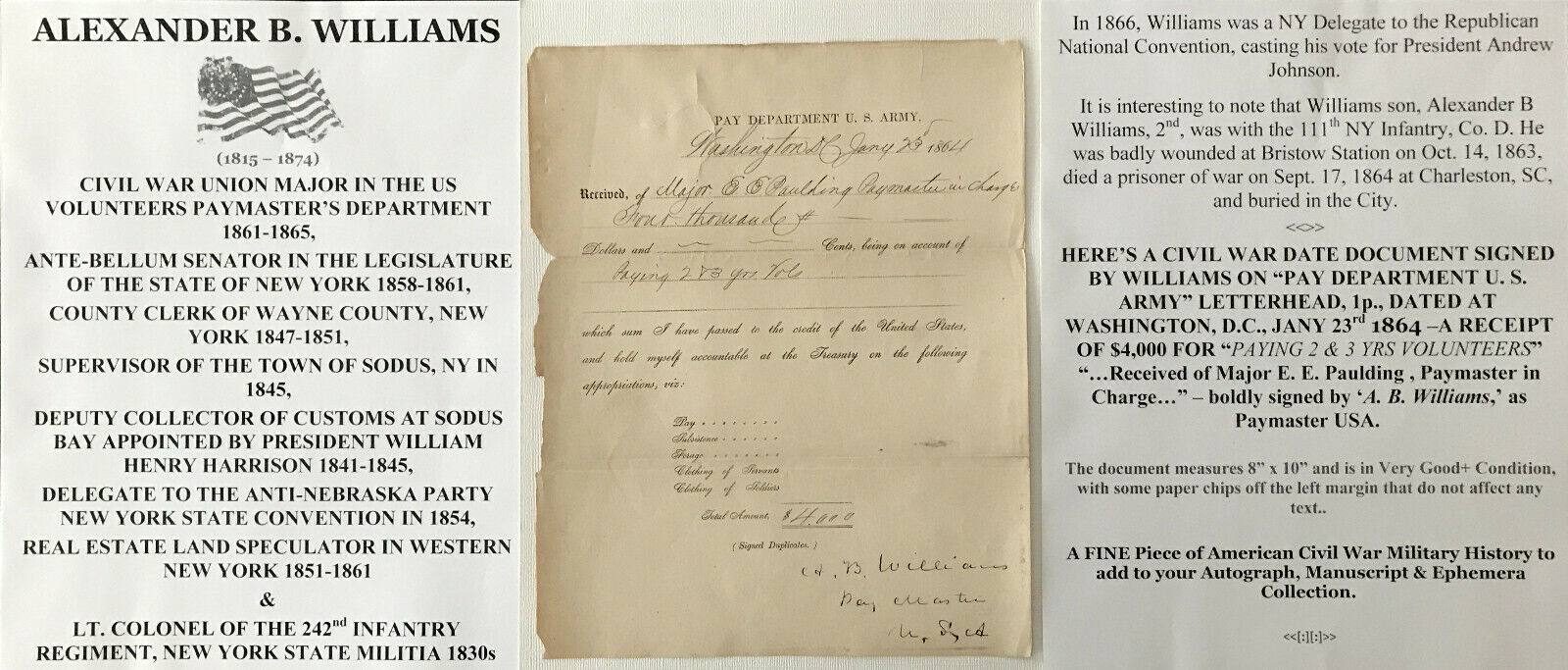 Civil War Union Major Militia Colonel Sodus Ny Senator Pay Document Signed 1864!