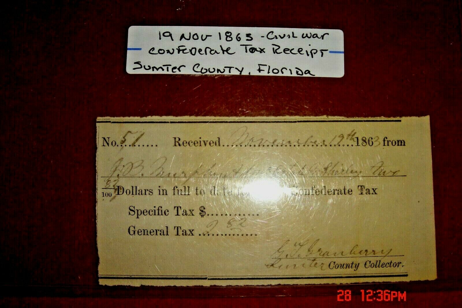 Civil War 19 November 1863 Confederate Tax Receipt From Sumter County Florida