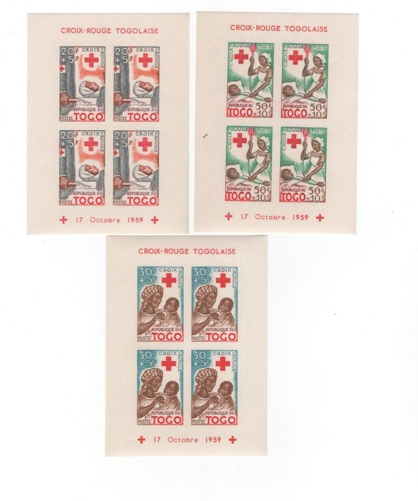 3 souvenir sheets, Togo, Scott #B12a-B14a, Red Cross, imperforate, MNH