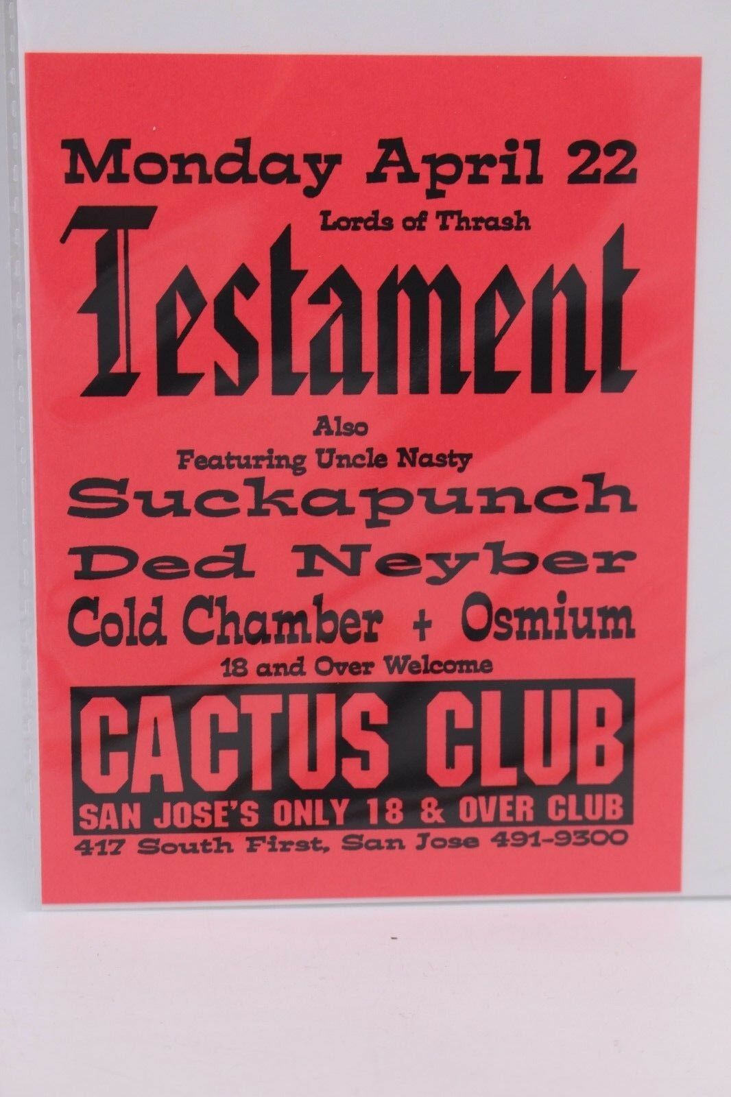 Testament, Lord Of Trash, Cactus Club San Jose Handbill Flyer 907-1/3