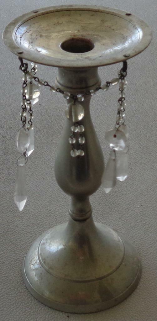 Beautiful Antique Silver Plate Candlestick Holder - Pretty Crystal Dangles - VGC
