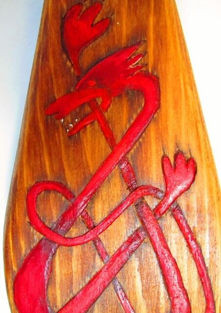 Celtic Viking Knot Hand Carved Painted Cedar Wood Paddle Oar Red Dragon Trinity