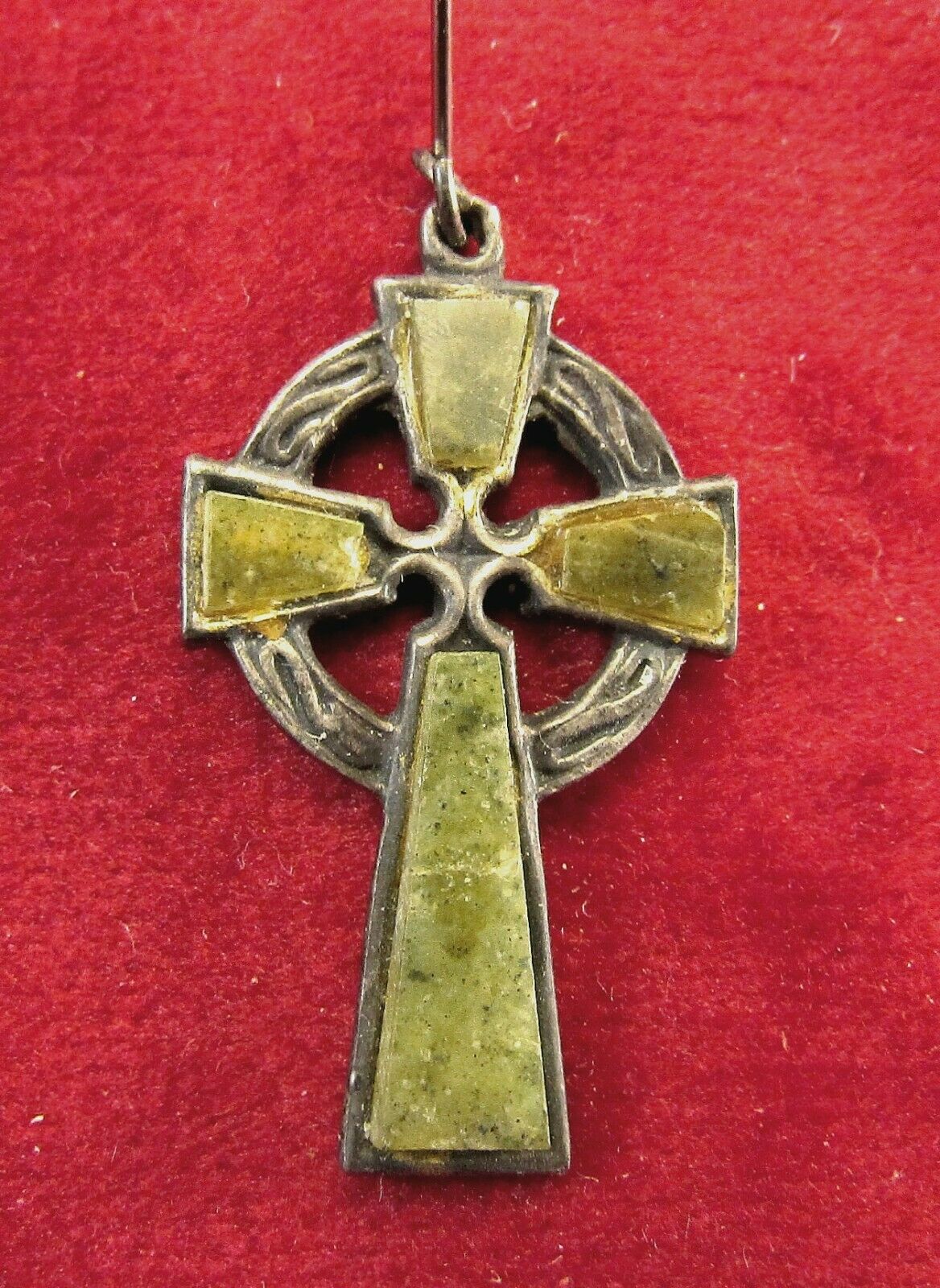 Atq Early 20th English Silver Connemara Green Marble Irish Celtic Cross Pendant
