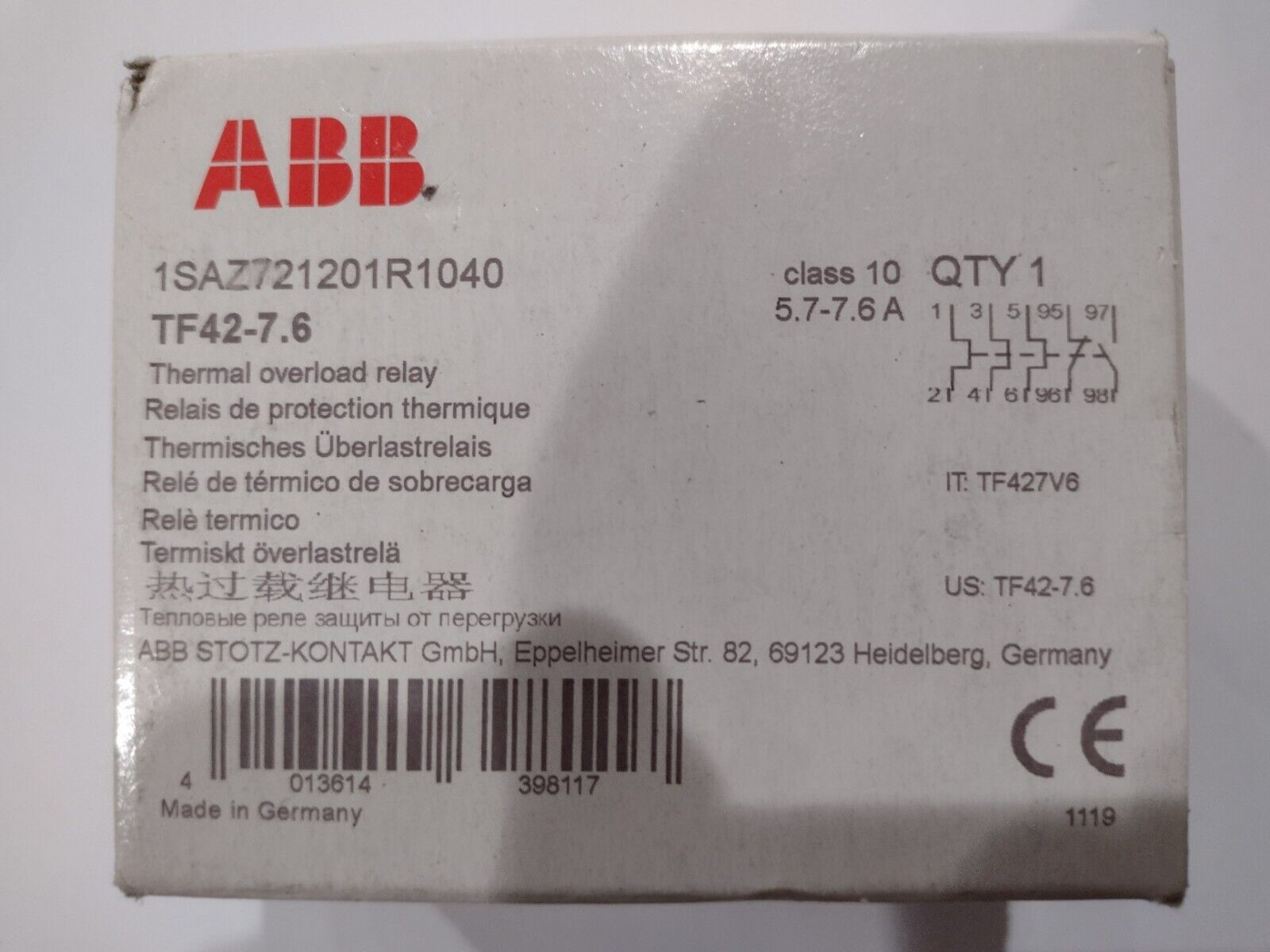 ABB TF42-7.6 Thermal Overload Relay, 1SAZ721201R1040
