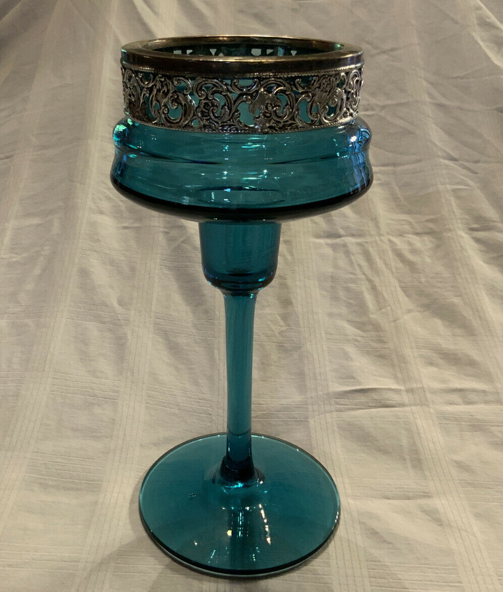 Vintage Aqua Glass and Silver Plated Candlestick Holder