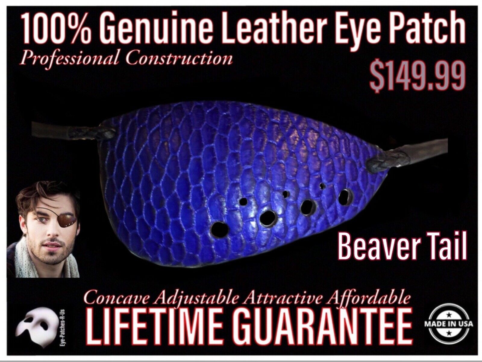 Lifetime Guarantee Blue Beaver Tail Leather Eye Patch @ Eye Patches R Us
