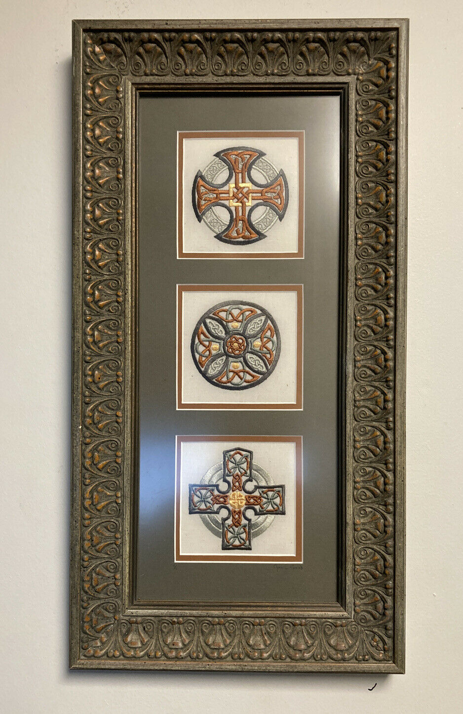 Vintage Framed Set Of  5 Embroidered Celtic Crosses-jane Good (lot Of 3 Frames)